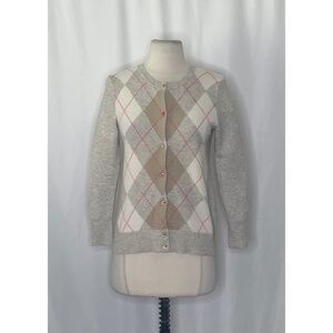 J. CREW Cashmere Cardigan Sweater Argyle Diamond Print Gray Orange Buttons Small